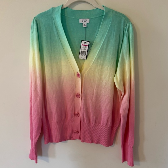 Crown & Ivory NWT Rainbow Ombre Cardigan Pastel Long Sleeve New With Tags Large - Picture 1 of 9